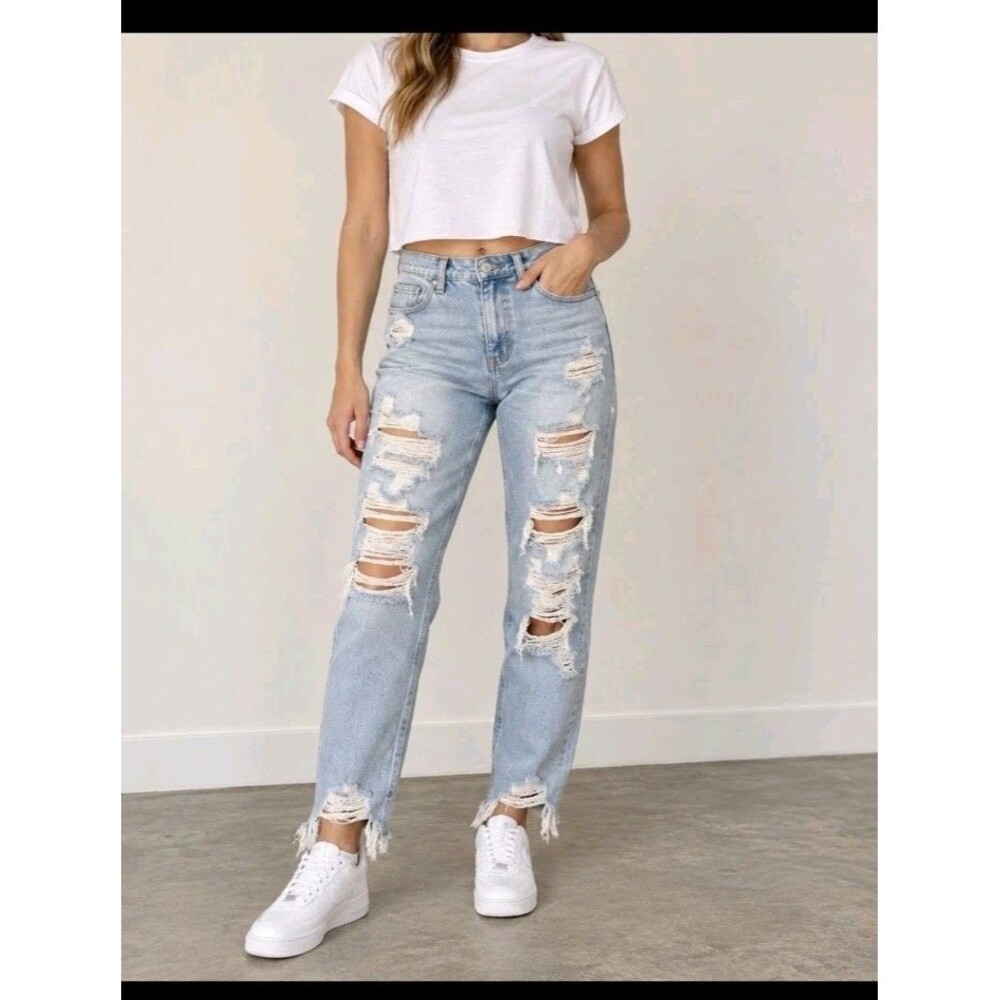 American Eagle Mom Jeans Size 12 Long Distressed Ripped Stretch